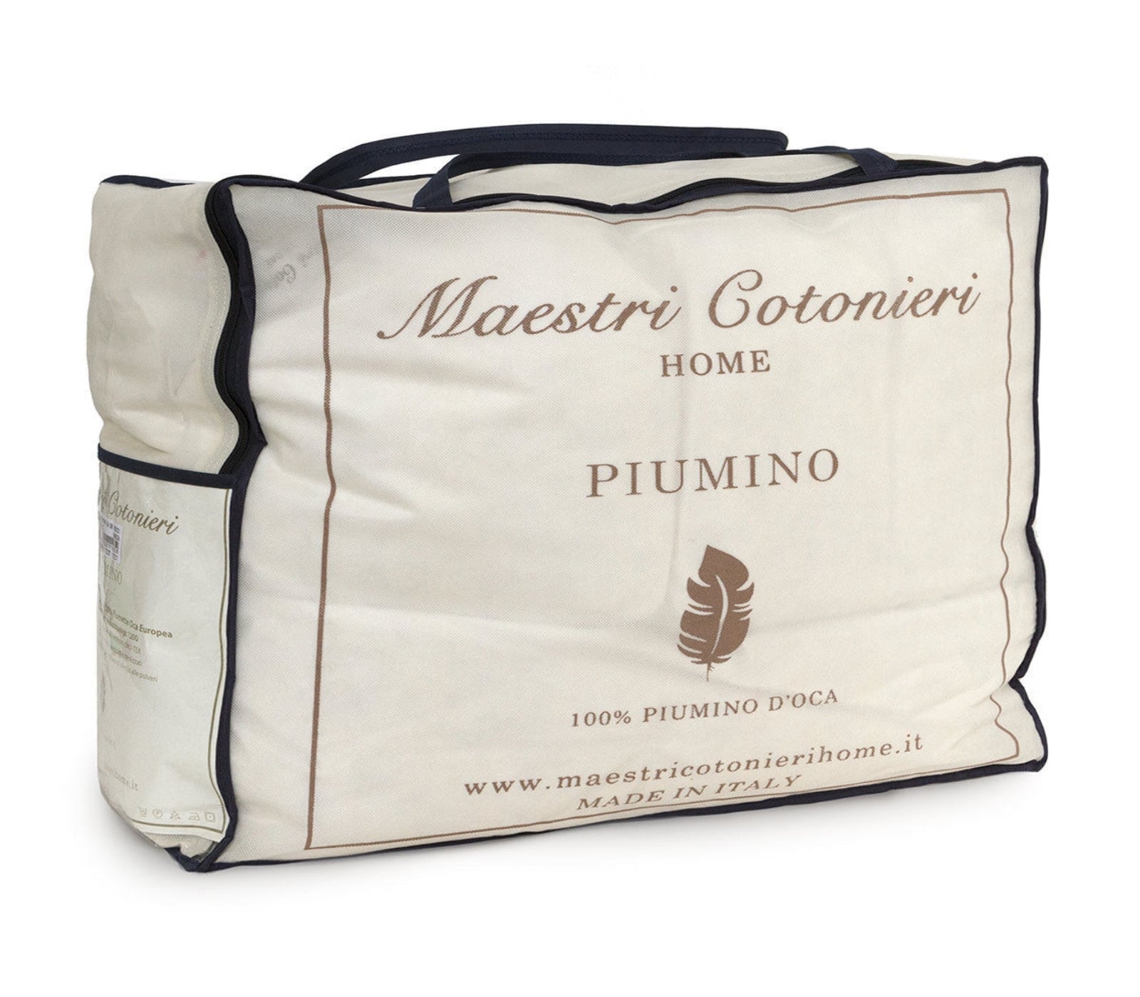 Piumino Maestri cotonieri bianco in piume d'oca all'interno della sua custodia originale. Segui i consigli di manutenzione per farlo durare più a lungo.